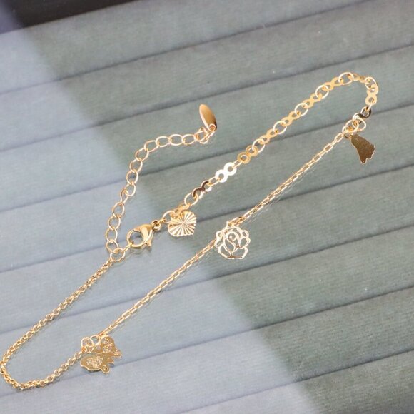 "Rose Gold Butterfly and Floral Charm Anklet, XPAL1053 - Picture 1 of 11